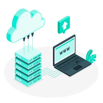web solutions depicted by cloud icon above a laptop sending information about a website to a server
