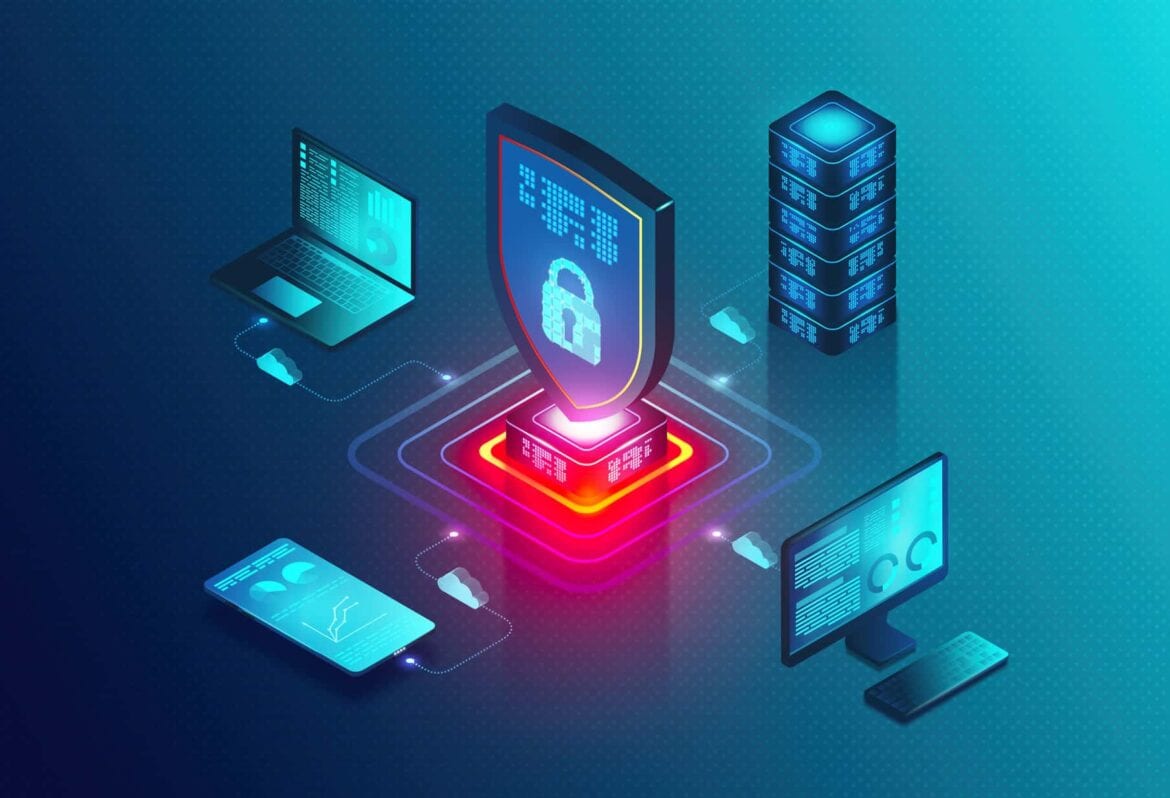 illustration of CyberSecurity with a lock connected to phone, laptops, servers and clouds