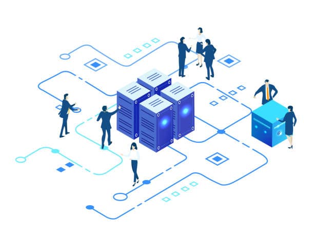 illustration of it environments maintenance with technicians in server room