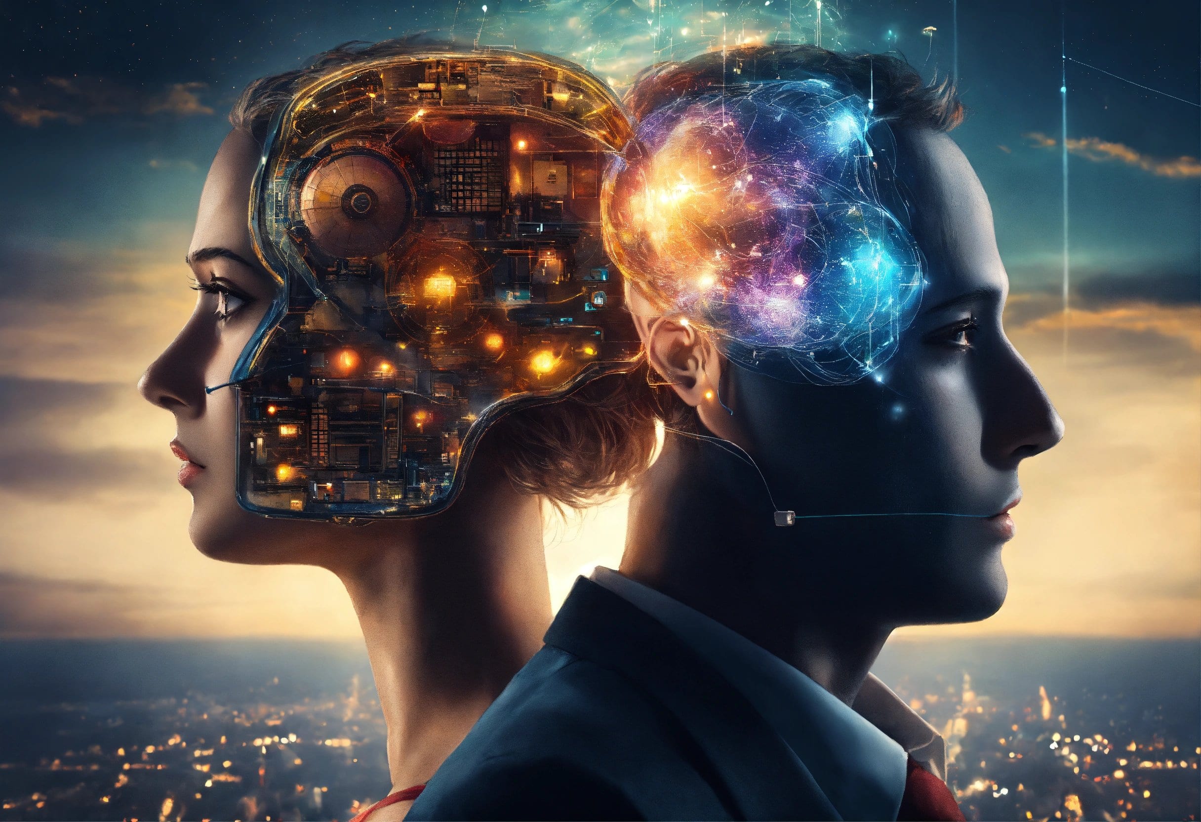 AI graphic showing a brain with neural connections next to mechanical parts replacing a brain