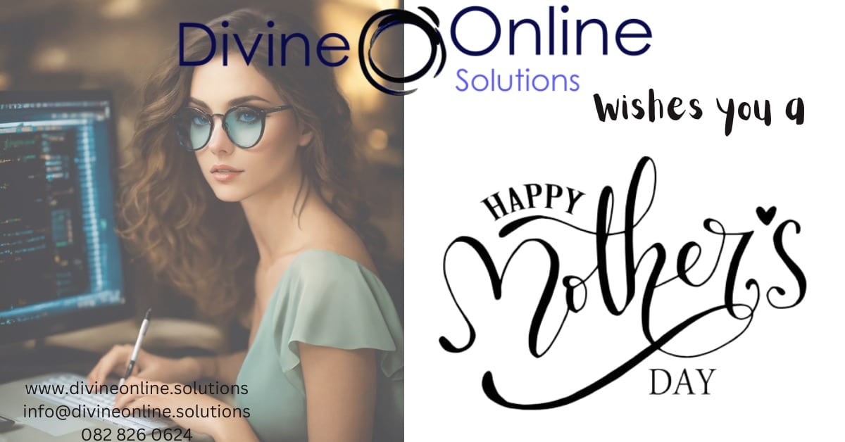 happy mothers day illustrated by a woman with blue glasses in front of a computer