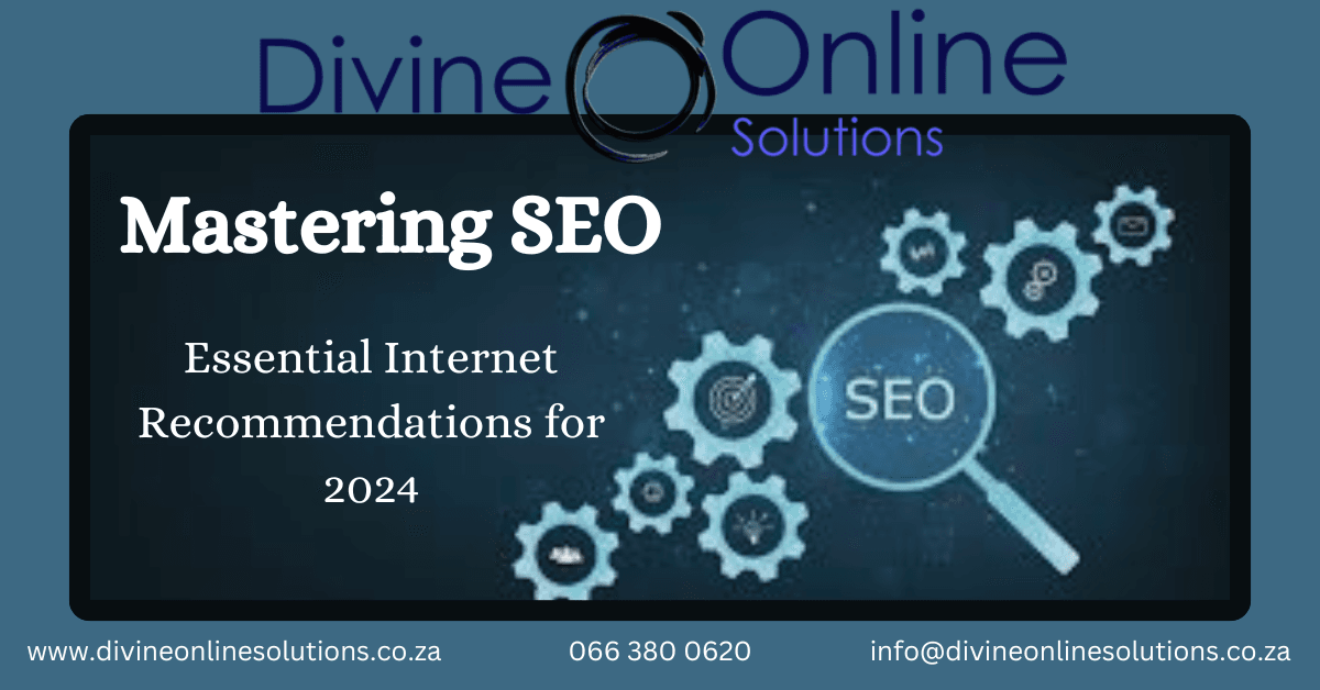 mastering seo illustrated by gears and a magnifying glass showing the word SEO