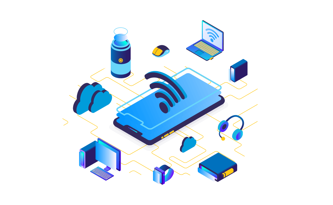 internet to the home illustrated by a phone with wifi icon surrounded by clouds, computer, watch etc
