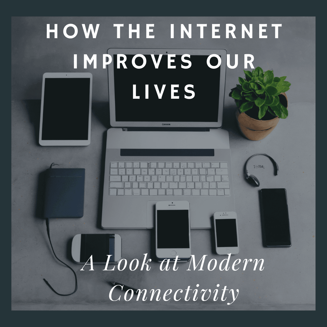 Ways internet has improved our lives illustrated by a laptop surrounded by devices that use internet