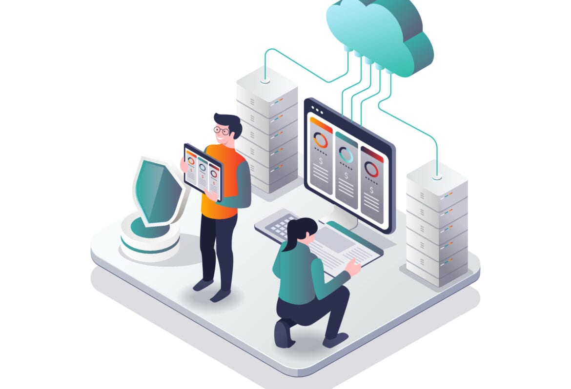 web hosting illustration with IT technicians, large server, laptop with cloud icon above them