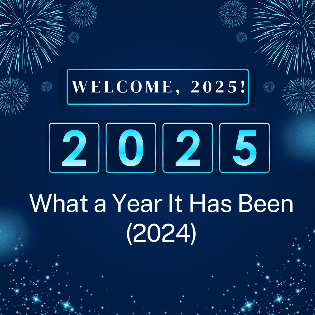 Welcome 2025 text box on a blue background with fireworks