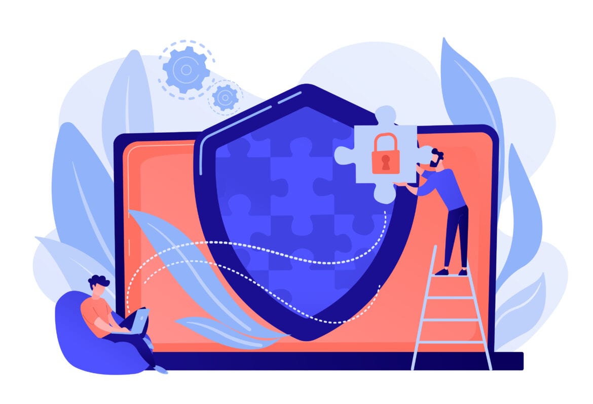 Programmer with jigsaw shield system depicting; firewall, antivirus, network security concepts