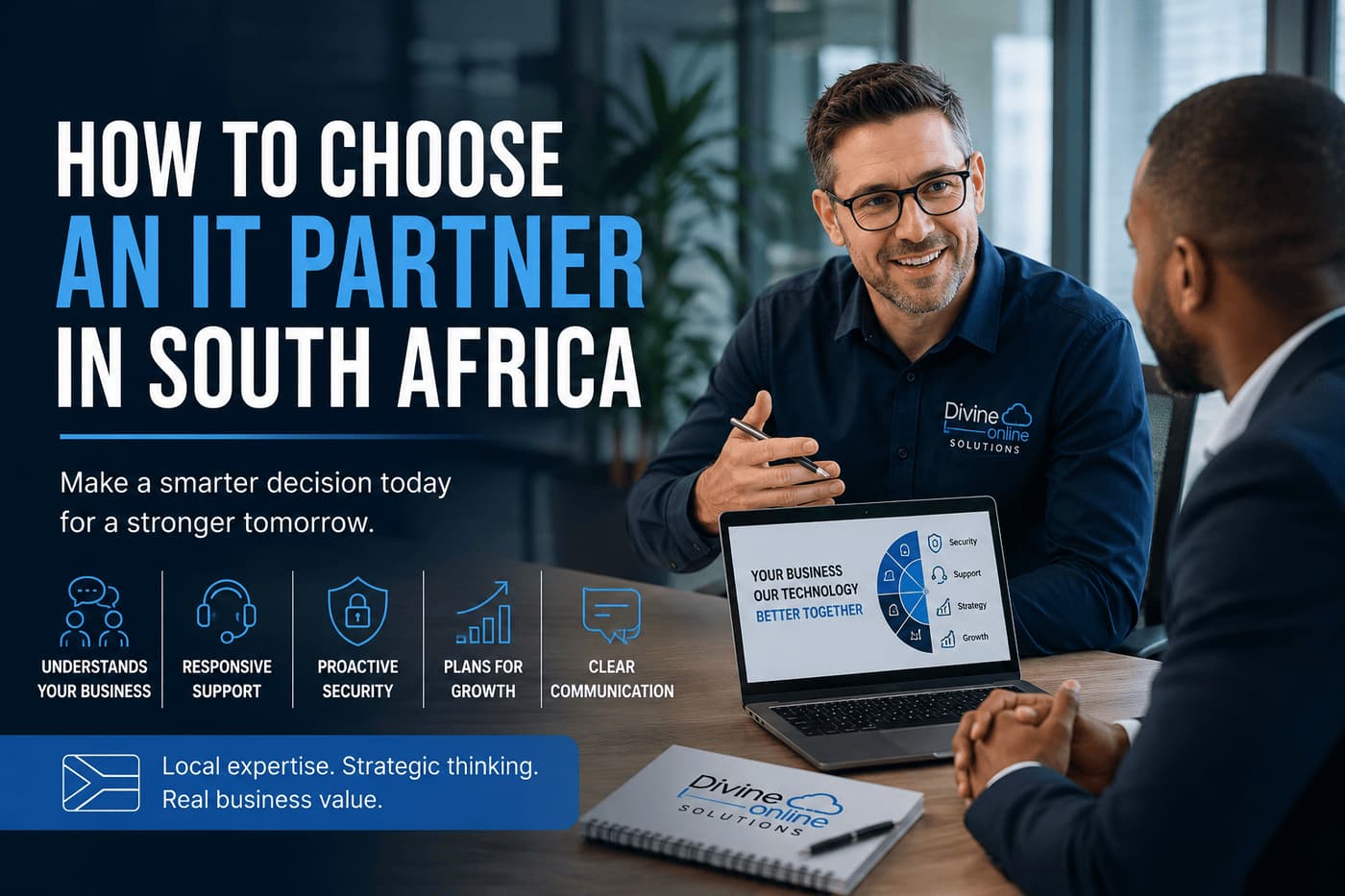 Business owner meeting with an IT partner in South Africa to discuss technology strategy, cybersecurity, business growth, and long-term IT planning.