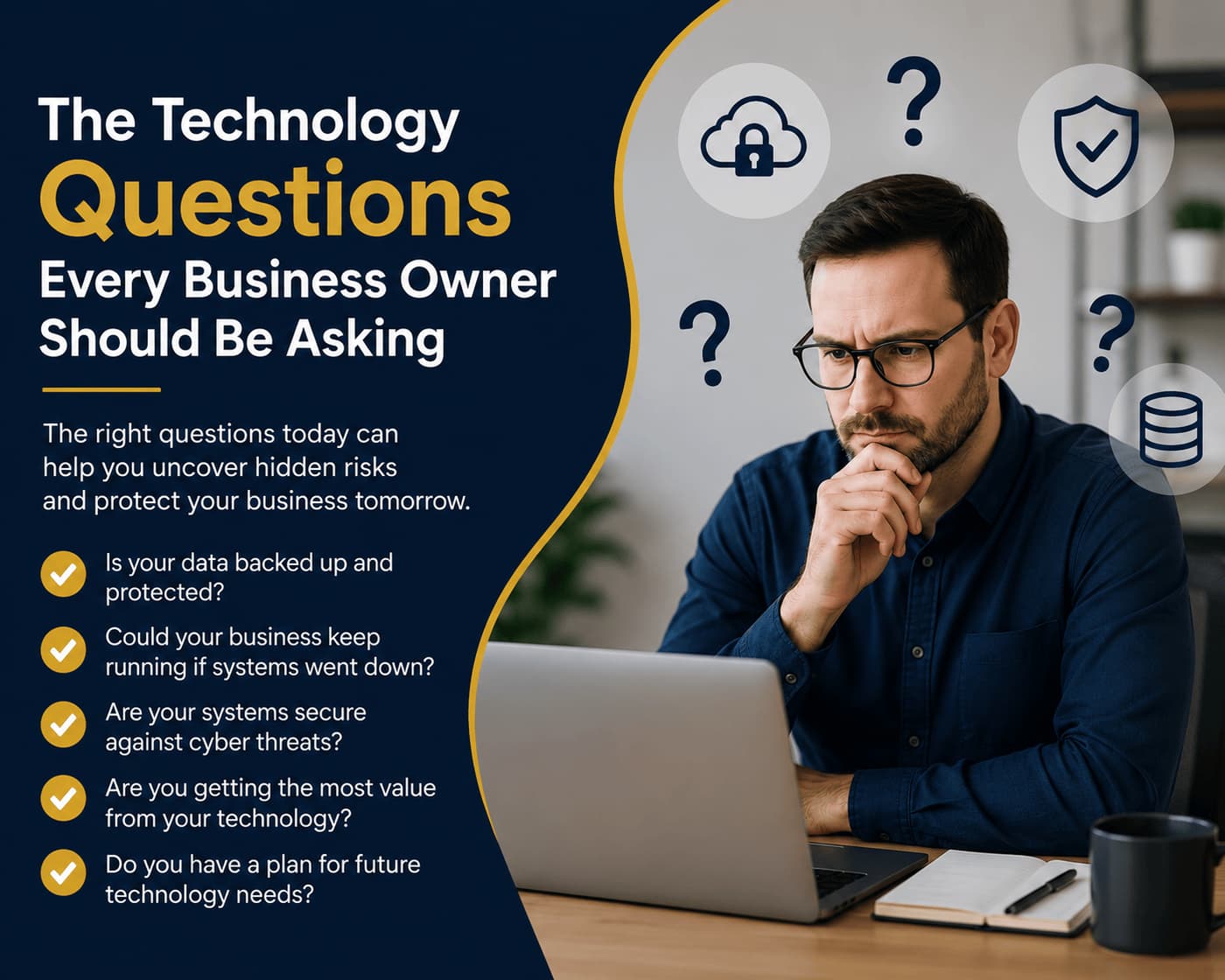 Business owner reviewing technology systems and digital reports to identify business technology questions and support future growth.