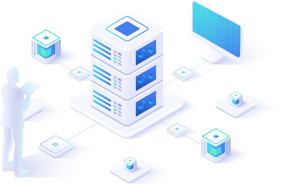 IT solutions represented IT technician in front of server connected to smaller servers and laptop